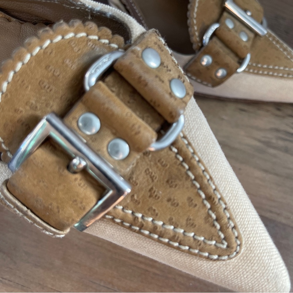 Prada Canvas & Suede Buckle Slingback Mules Heel Pumps shoes size 37.5 - Picture 4 of 11